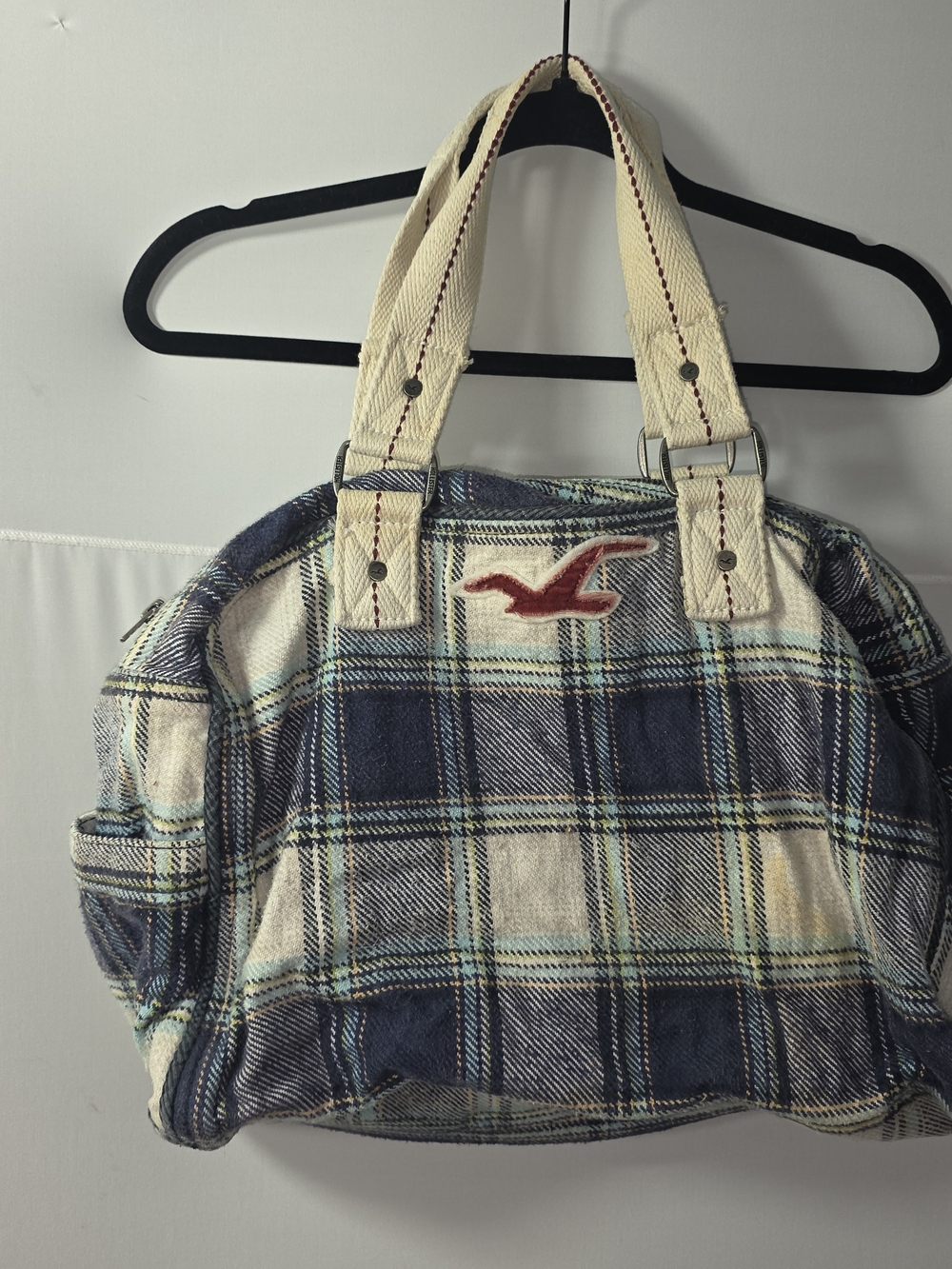 Vintage Y2K Hollister Navy Plaid Canvas Tote with Cream Handles and Red Logo